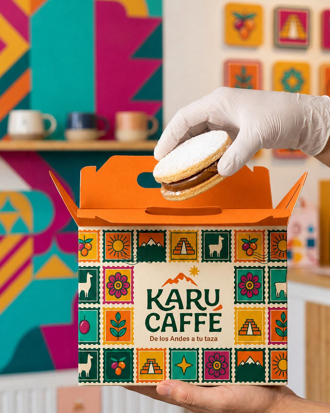 Mão de luva a pôr um alfajor numa caixa de take-away da Karu Caffé