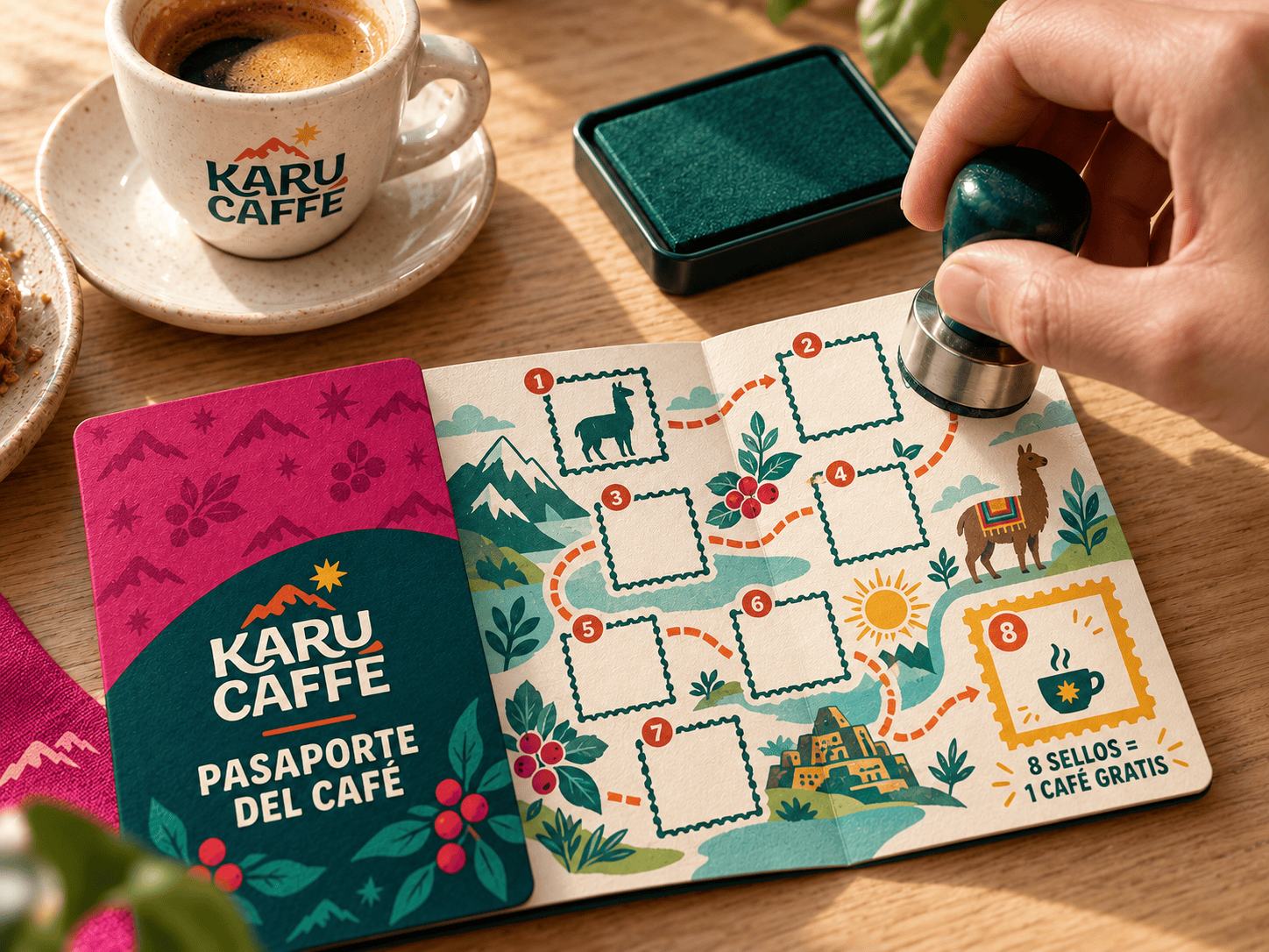 Passaporte do café da Karu Caffé com carimbos ao lado de uma chávena