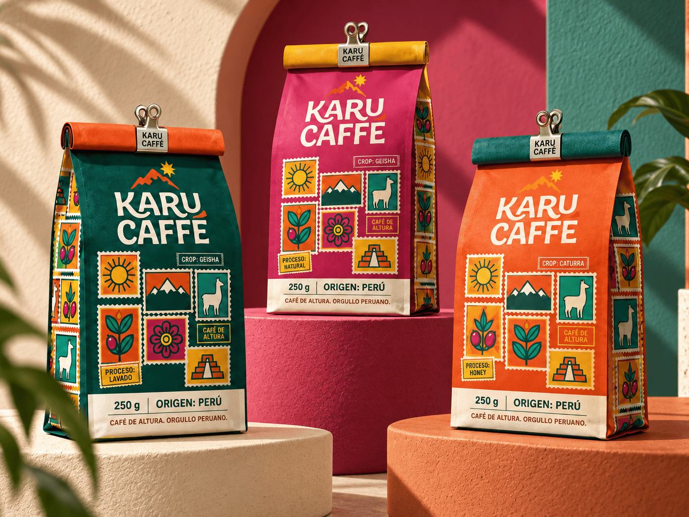Sacos de café da Karu Caffé em teal, magenta e laranja