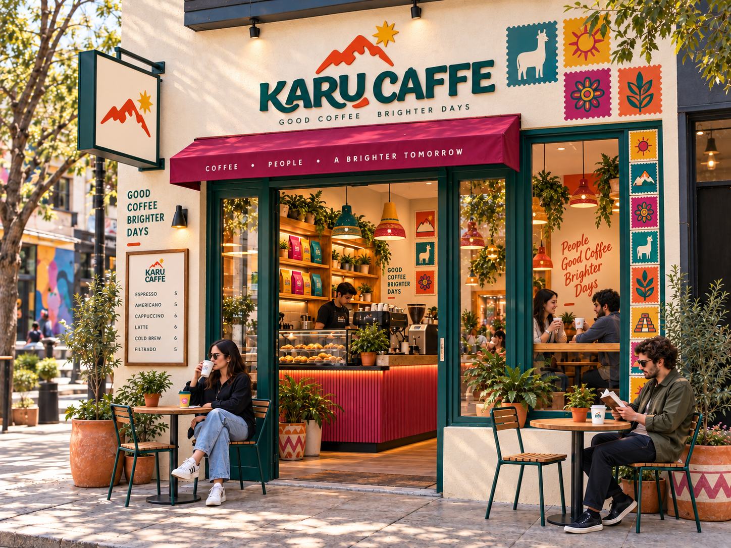 Fachada da loja Karu Caffé com toldo magenta e esplanada