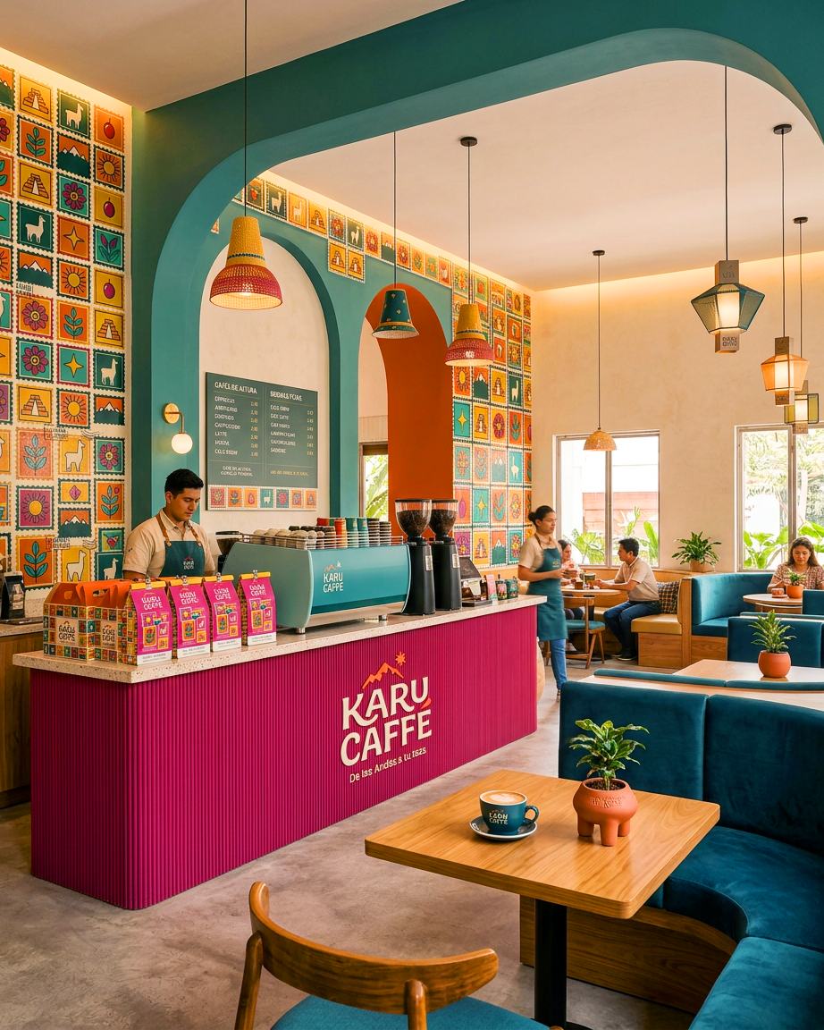 Interior da cafetaria Karu Caffé com balcão magenta e parede de selos
