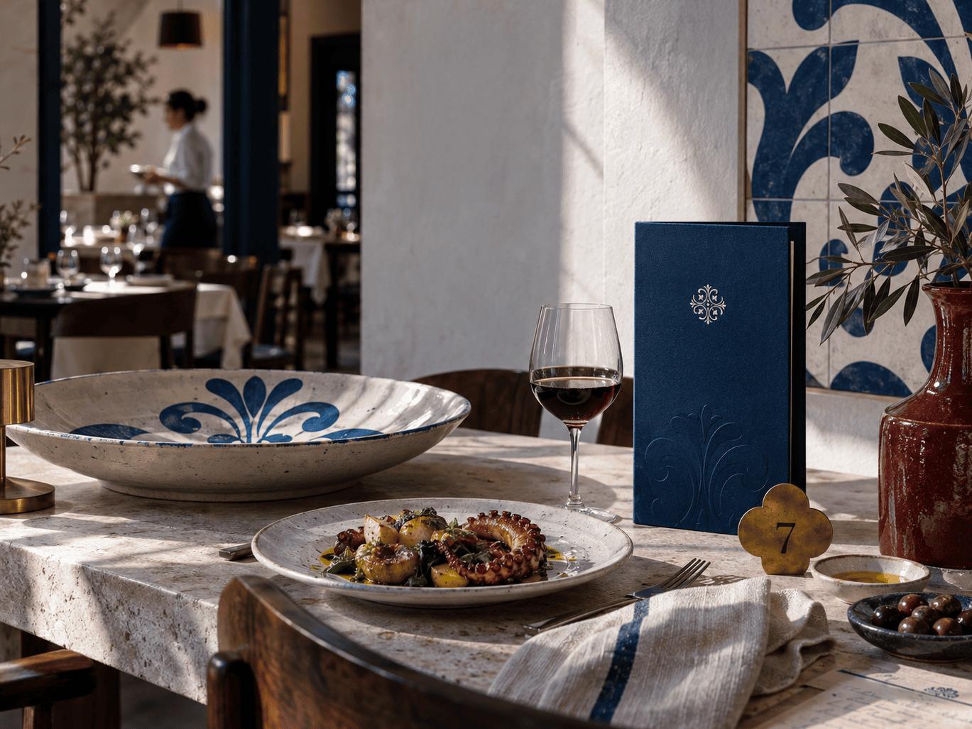Mesa posta com ementa azul, pratos de azulejo e número de mesa em latão
