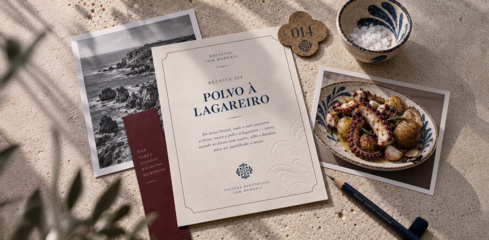 Cartão da receita 014, Polvo à Lagareiro, com fotografias da costa e do prato