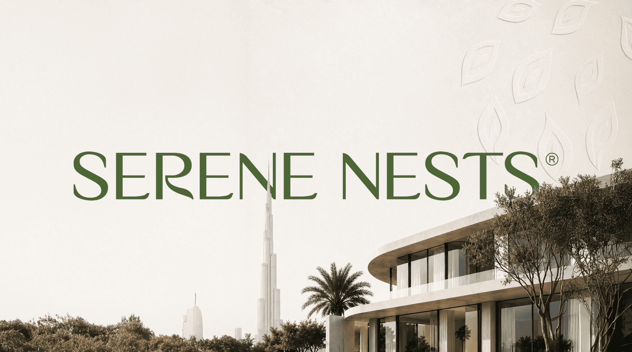 Logótipo da Serene Nests sobre o horizonte do Dubai