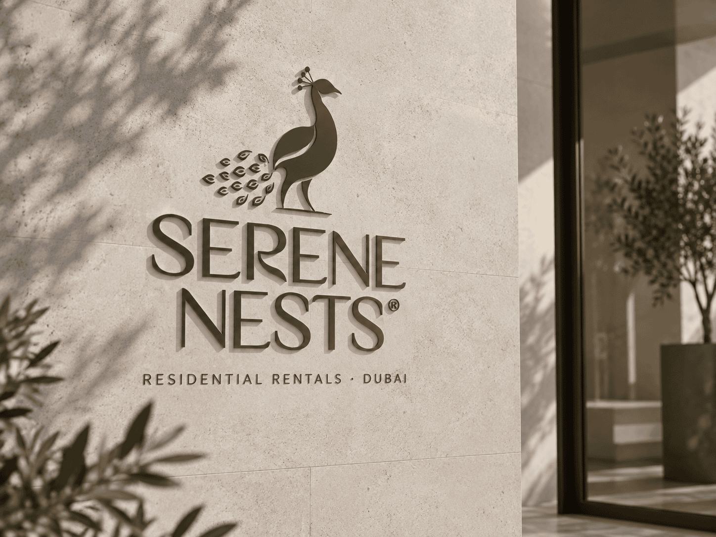 Logótipo da Serene Nests em relevo numa parede de pedra