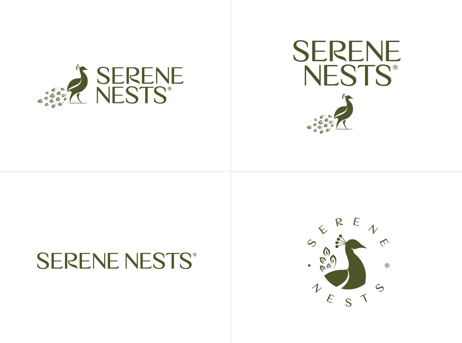 Quatro versões do logótipo da Serene Nests: horizontal, vertical, só nome e selo circular