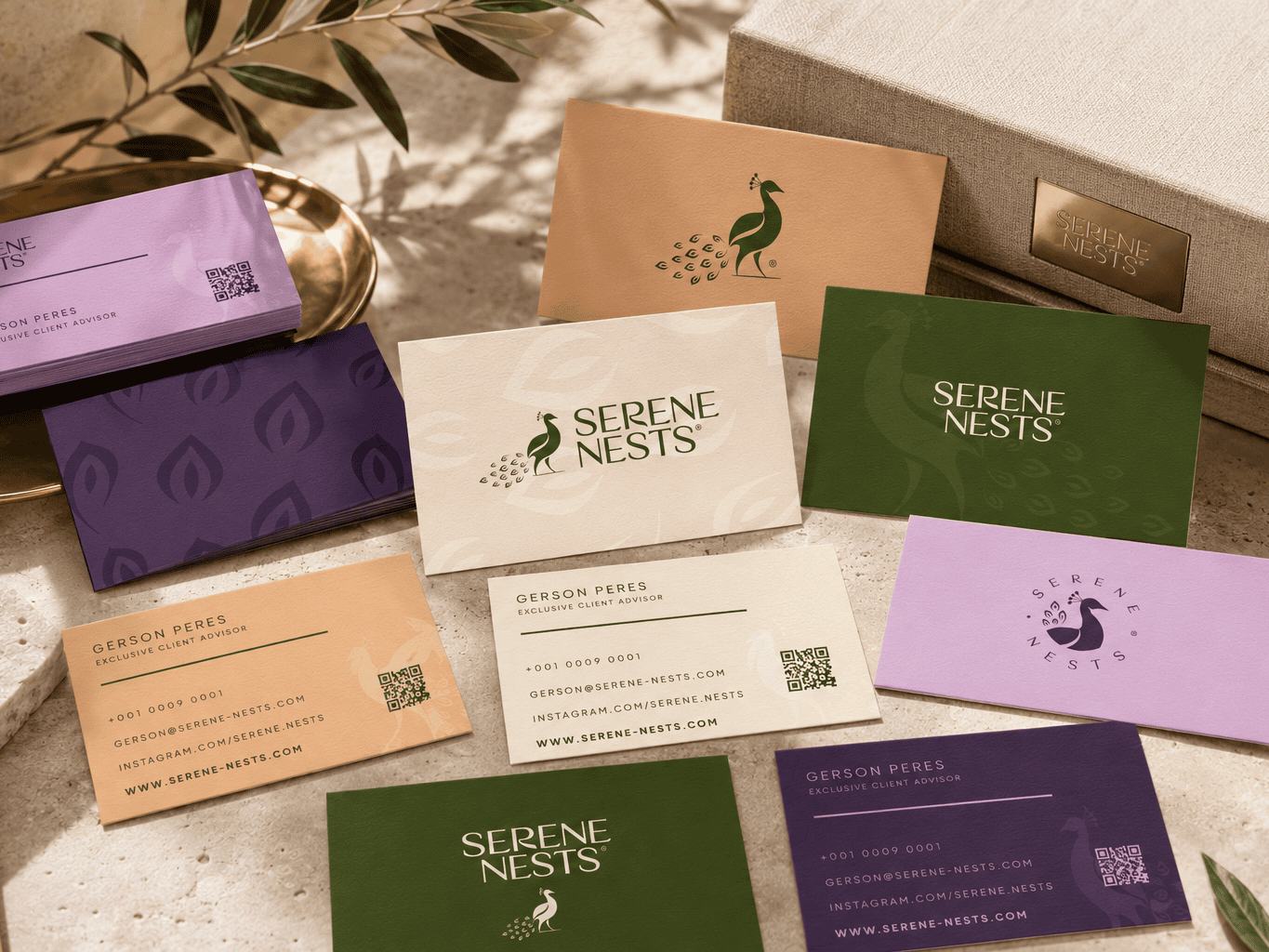 Cartões de visita da Serene Nests em verde, beringela, areia e lilás