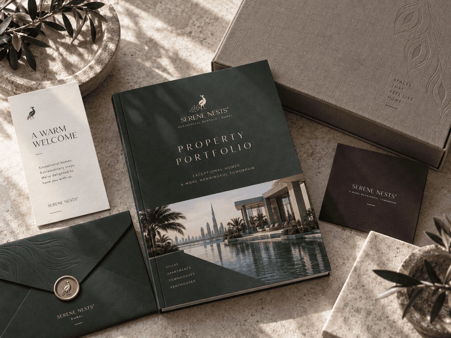 Portefólio de propriedades, carta e envelope com selo da Serene Nests