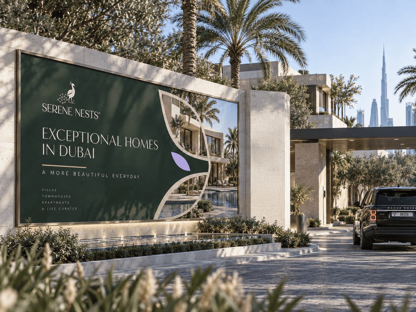 Painel de entrada da Serene Nests com a mensagem Exceptional homes in Dubai