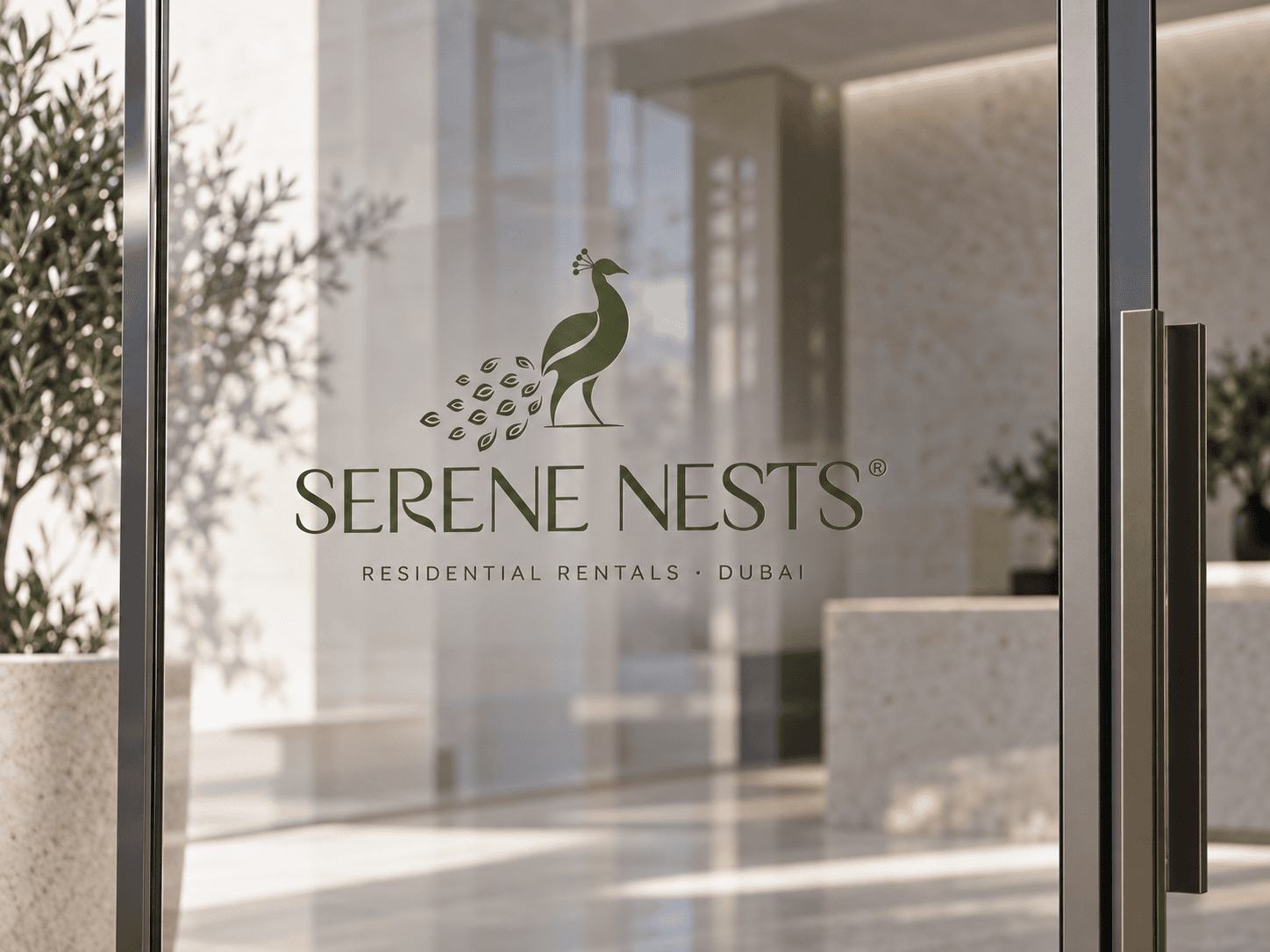 Logótipo da Serene Nests aplicado na porta de vidro do escritório