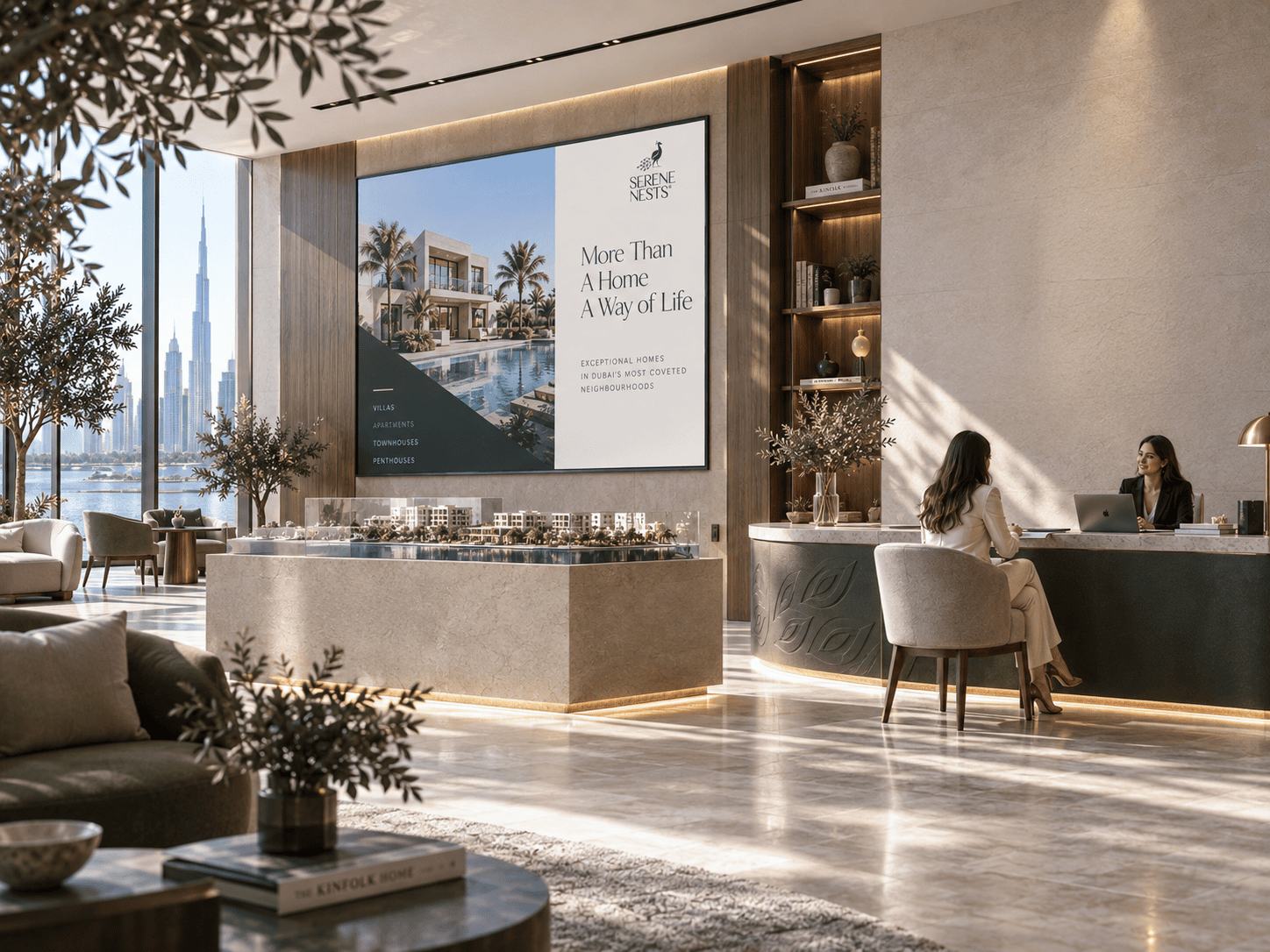 Receção do escritório da Serene Nests com ecrã e vista para o Dubai