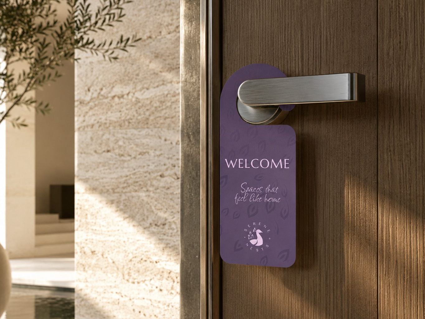Aviso de boas-vindas da Serene Nests pendurado na porta