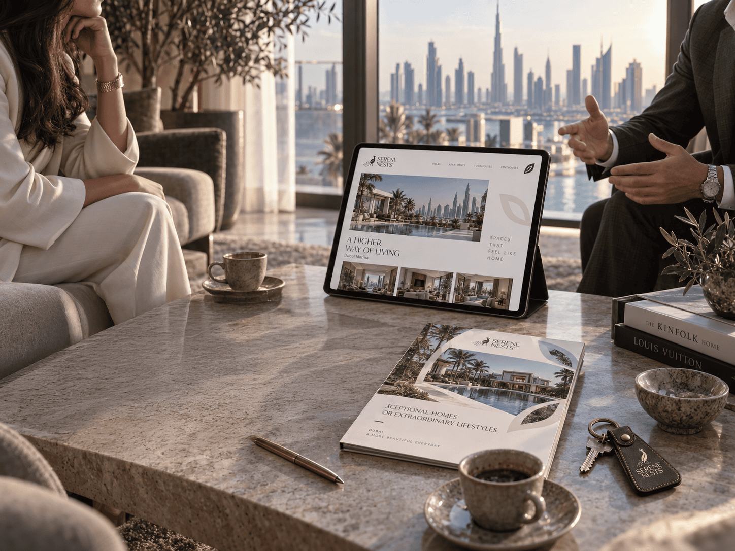 Reunião com tablet a mostrar as propriedades da Serene Nests