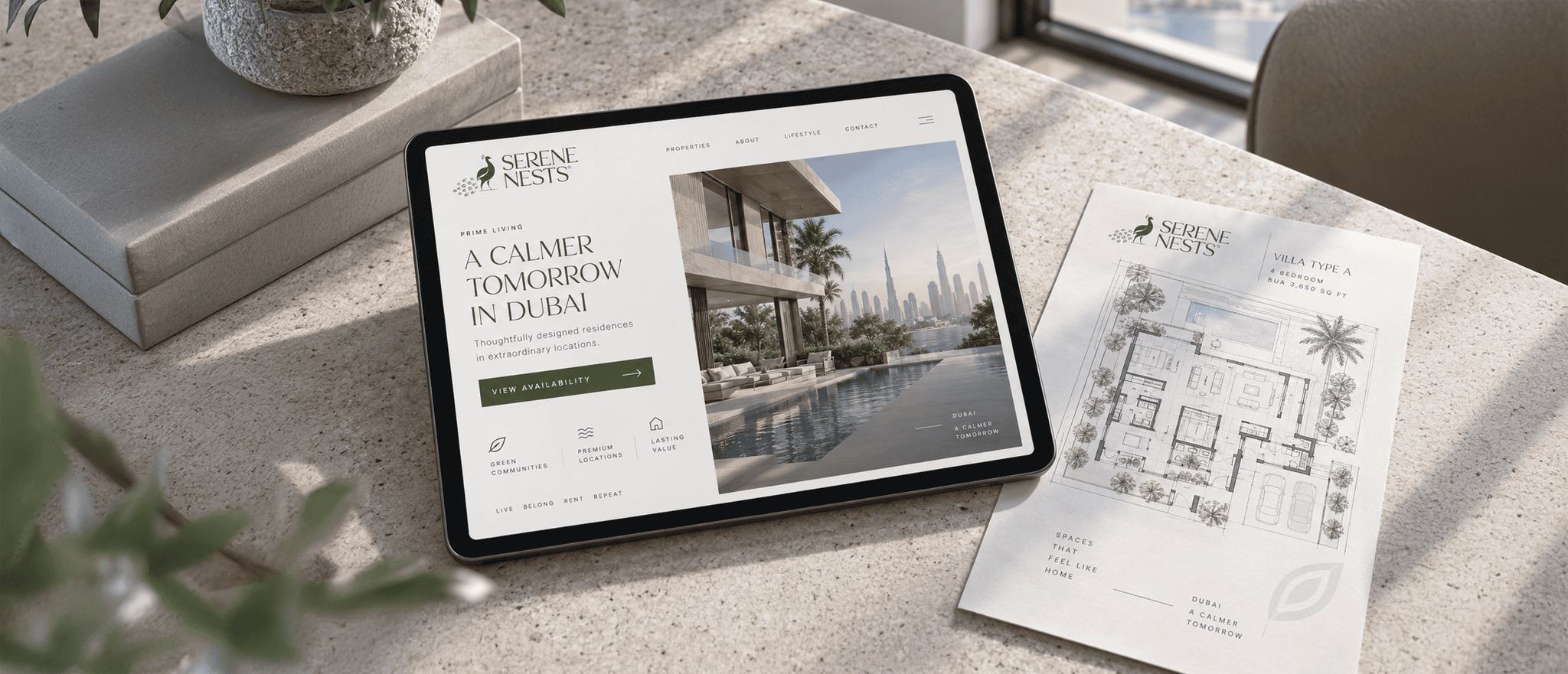 Tablet com a página da Serene Nests e planta de uma casa impressa