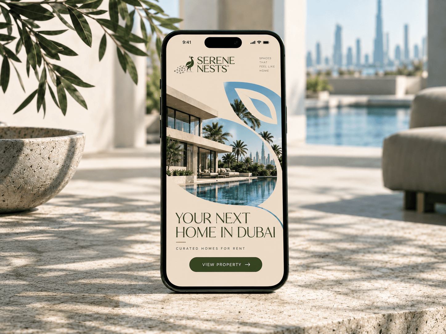 Telemóvel com o ecrã Your next home in Dubai da Serene Nests