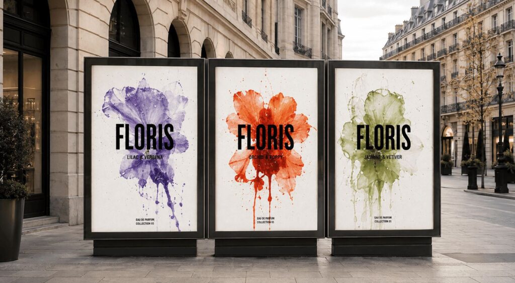 Cartazes da Floris em mupis de rua com flores em aguarela